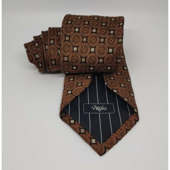 VILLINI Handmade Men's Silk Tie Brown Black Gold Geometric Square Neckwear - Picture 7 of 8